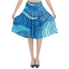 Ocean Waves Sea Abstract Pattern Water Blue Flared Midi Skirt by Pakemis