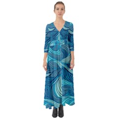 Ocean Waves Sea Abstract Pattern Water Blue Button Up Boho Maxi Dress