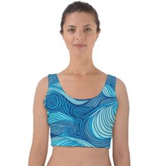 Ocean Waves Sea Abstract Pattern Water Blue Velvet Crop Top by Pakemis