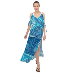 Ocean Waves Sea Abstract Pattern Water Blue Maxi Chiffon Cover Up Dress by Pakemis