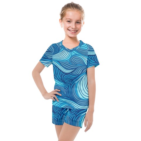 Ocean Waves Sea Abstract Pattern Water Blue Kids  Mesh Tee And Shorts Set by Pakemis