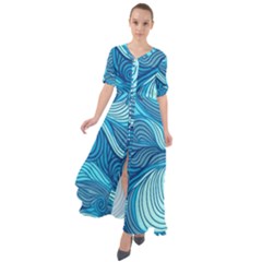 Ocean Waves Sea Abstract Pattern Water Blue Waist Tie Boho Maxi Dress by Pakemis