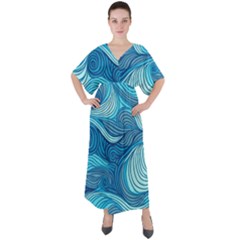 Ocean Waves Sea Abstract Pattern Water Blue V-neck Boho Style Maxi Dress by Pakemis