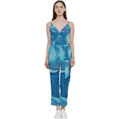 Ocean Waves Sea Abstract Pattern Water Blue V-neck Spaghetti Strap Tie Front Jumpsuit by Pakemis