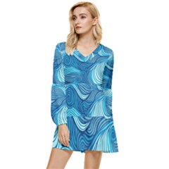 Ocean Waves Sea Abstract Pattern Water Blue Tiered Long Sleeve Mini Dress by Pakemis