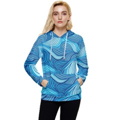 Ocean Waves Sea Abstract Pattern Water Blue Women s Lightweight Drawstring Hoodie