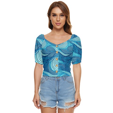 Ocean Waves Sea Abstract Pattern Water Blue Button Up Blouse by Pakemis