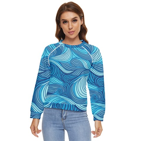 Ocean Waves Sea Abstract Pattern Water Blue Women s Long Sleeve Raglan Tee by Pakemis