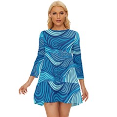 Ocean Waves Sea Abstract Pattern Water Blue Long Sleeve Babydoll Dress by Pakemis