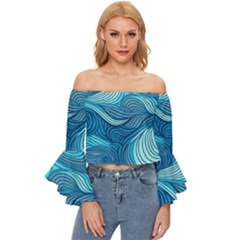 Ocean Waves Sea Abstract Pattern Water Blue Off Shoulder Flutter Bell Sleeve Top