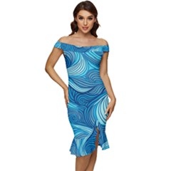 Ocean Waves Sea Abstract Pattern Water Blue Off Shoulder Ruffle Split Hem Bodycon Dress by Pakemis