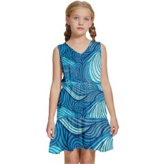 Ocean Waves Sea Abstract Pattern Water Blue Kids  Sleeveless Tiered Mini Dress by Pakemis