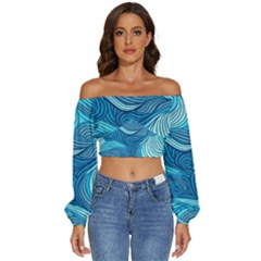 Ocean Waves Sea Abstract Pattern Water Blue Long Sleeve Crinkled Weave Crop Top