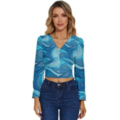 Ocean Waves Sea Abstract Pattern Water Blue Long Sleeve V-neck Top