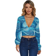 Ocean Waves Sea Abstract Pattern Water Blue Long Sleeve Deep-v Velour Top by Pakemis