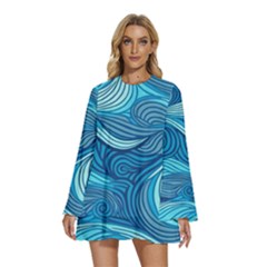 Ocean Waves Sea Abstract Pattern Water Blue Round Neck Long Sleeve Bohemian Style Chiffon Mini Dress by Pakemis