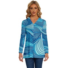 Ocean Waves Sea Abstract Pattern Water Blue Long Sleeve Drawstring Hooded Top