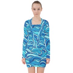 Pattern Ocean Waves Blue Nature Sea Abstract V-neck Bodycon Long Sleeve Dress by Pakemis