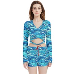 Pattern Ocean Waves Blue Nature Sea Abstract Velvet Wrap Crop Top And Shorts Set by Pakemis