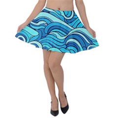 Pattern Ocean Waves Blue Nature Sea Abstract Velvet Skater Skirt