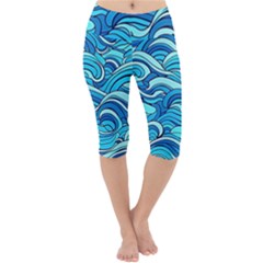 Pattern Ocean Waves Blue Nature Sea Abstract Lightweight Velour Cropped Yoga Leggings by Pakemis