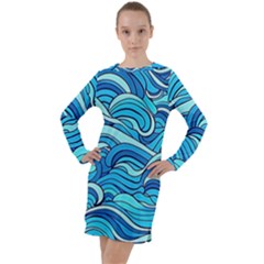 Pattern Ocean Waves Blue Nature Sea Abstract Long Sleeve Hoodie Dress