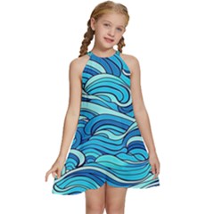 Pattern Ocean Waves Blue Nature Sea Abstract Kids  Halter Collar Waist Tie Chiffon Dress by Pakemis