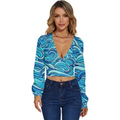 Pattern Ocean Waves Blue Nature Sea Abstract Long Sleeve Deep-v Velour Top by Pakemis