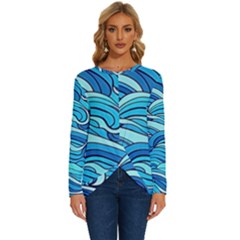 Pattern Ocean Waves Blue Nature Sea Abstract Long Sleeve Crew Neck Pullover Top by Pakemis