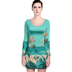 Beach Ocean Flowers Flower Floral Plants Vacation Long Sleeve Velvet Bodycon Dress