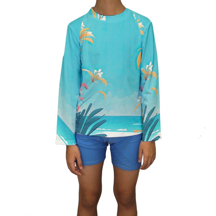 Beach Ocean Flowers Floral Plants Vacation Kids  Long Sleeve Swimwear