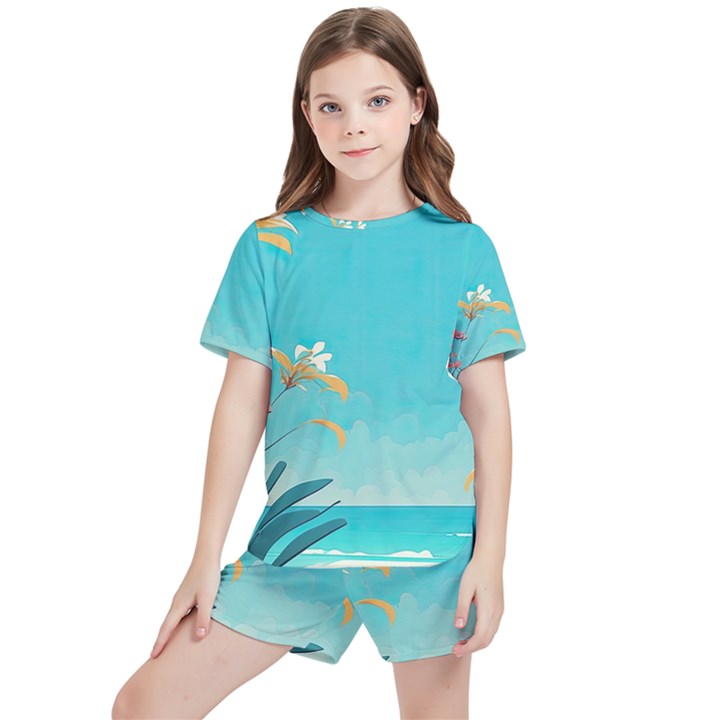 Beach Ocean Flowers Floral Plants Vacation Kids  Tee And Sports Shorts Set