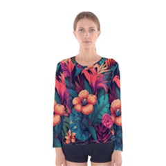 Tropical Flowers Floral Floral Pattern Pattern Women s Long Sleeve Tee