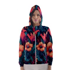 Tropical Flowers Floral Floral Pattern Pattern Women s Hooded Windbreaker