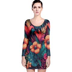 Tropical Flowers Floral Floral Pattern Pattern Long Sleeve Velvet Bodycon Dress