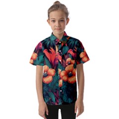 Tropical Flowers Floral Floral Pattern Pattern Kids  Short Sleeve Shirt by Pakemis