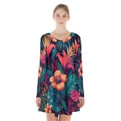 Tropical Flowers Floral Floral Pattern Pattern Long Sleeve Velvet V-neck Dress