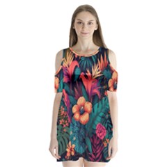 Tropical Flowers Floral Floral Pattern Pattern Shoulder Cutout Velvet One Piece