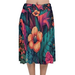 Tropical Flowers Floral Floral Pattern Pattern Velvet Flared Midi Skirt