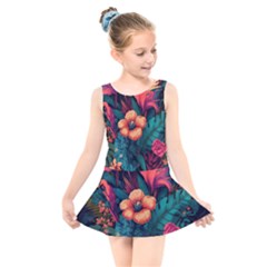 Tropical Flowers Floral Floral Pattern Pattern Kids  Skater Dress Swimsuit by Pakemis