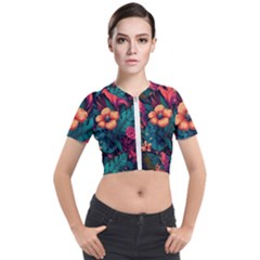 Tropical Flowers Floral Floral Pattern Pattern Short Sleeve Cropped Jacket by Pakemis