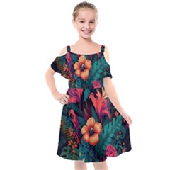 Tropical Flowers Floral Floral Pattern Pattern Kids  Cut Out Shoulders Chiffon Dress by Pakemis