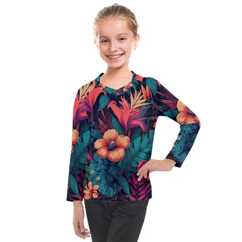 Tropical Flowers Floral Floral Pattern Pattern Kids  Long Mesh Tee by Pakemis