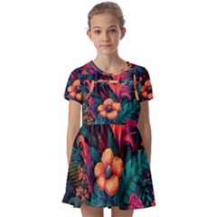 Tropical Flowers Floral Floral Pattern Pattern Kids  Short Sleeve Pinafore Style Dress by Pakemis