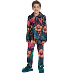 Tropical Flowers Floral Floral Pattern Pattern Kids  Long Sleeve Velvet Pajamas Set by Pakemis