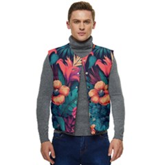 Tropical Flowers Floral Floral Pattern Pattern Men s Short Button Up Puffer Vest	