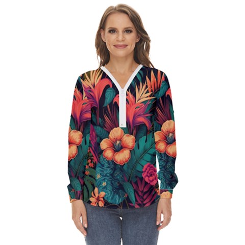 Tropical Flowers Floral Floral Pattern Pattern Zip Up Long Sleeve Blouse by Pakemis