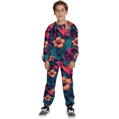 Tropical Flowers Floral Floral Pattern Pattern Kids  Sweatshirt Set