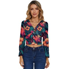 Tropical Flowers Floral Floral Pattern Pattern Long Sleeve V-neck Top by Pakemis