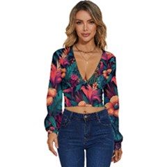 Tropical Flowers Floral Floral Pattern Pattern Long Sleeve Deep-v Velour Top by Pakemis